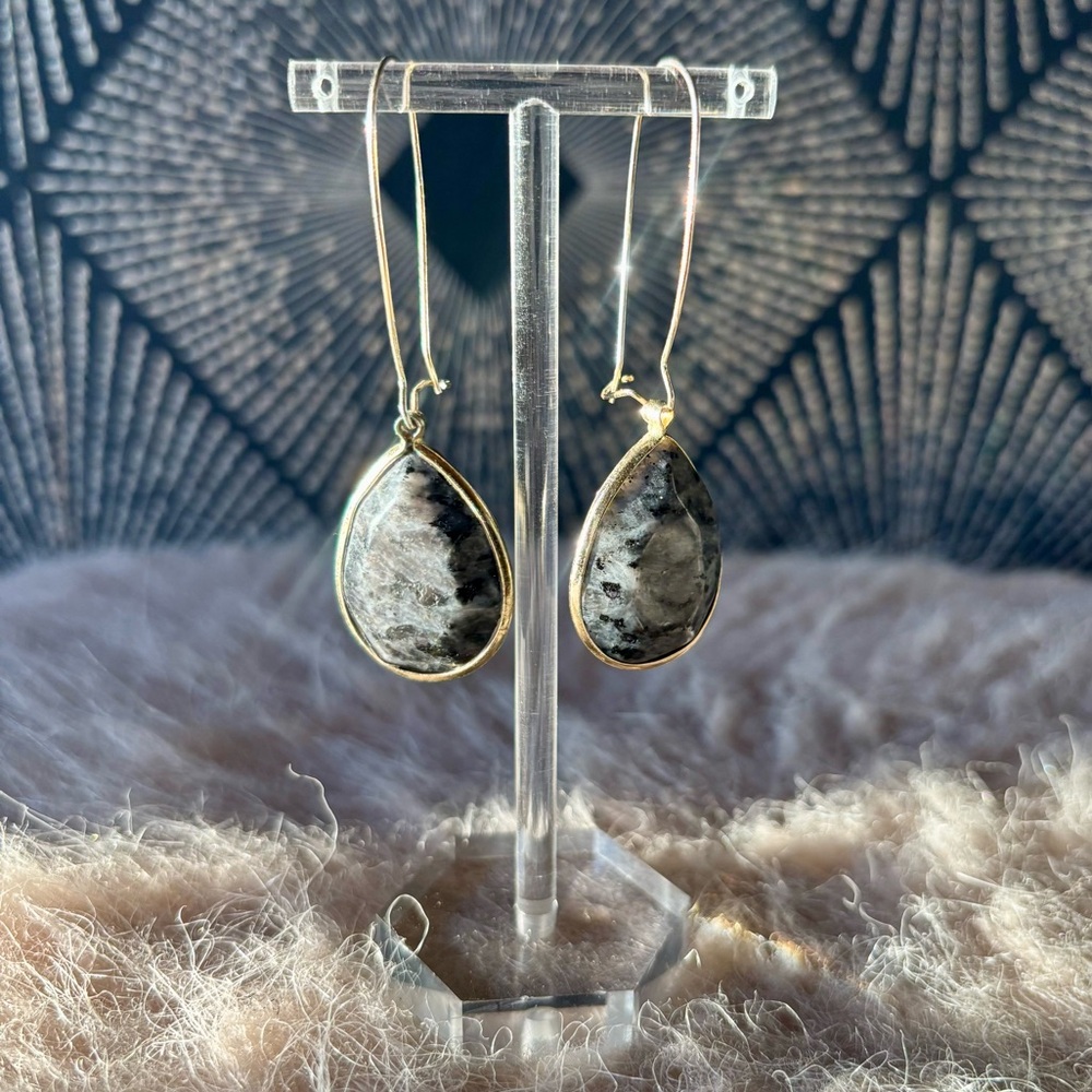 Gold Teardrop Labradorite Dangle Earrings - Gray Stone